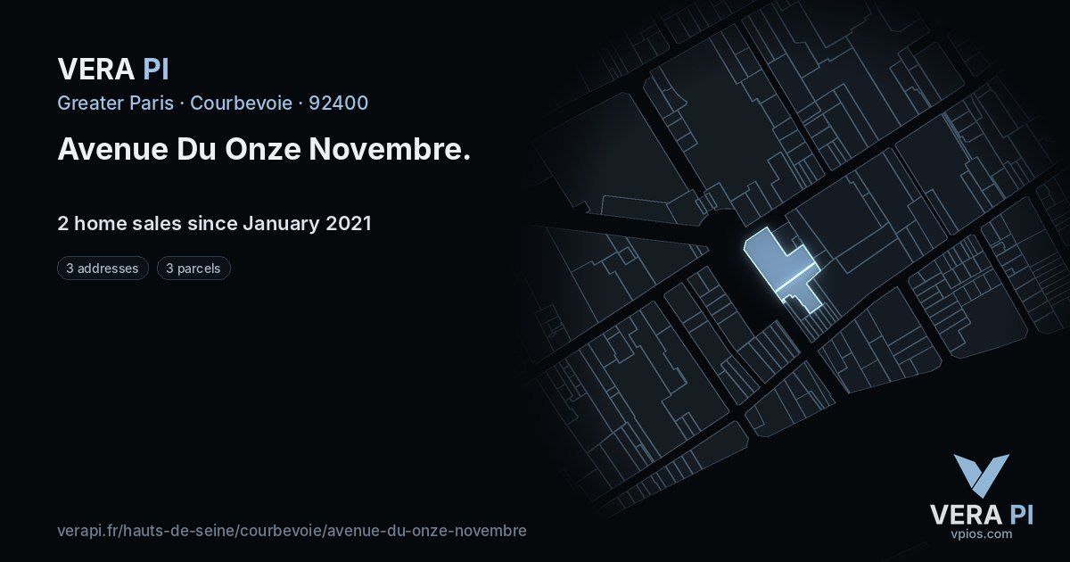 Avenue Du Onze Novembre, Courbevoie at night – every parcel coloured by the prices around it, the street's own parcels lit