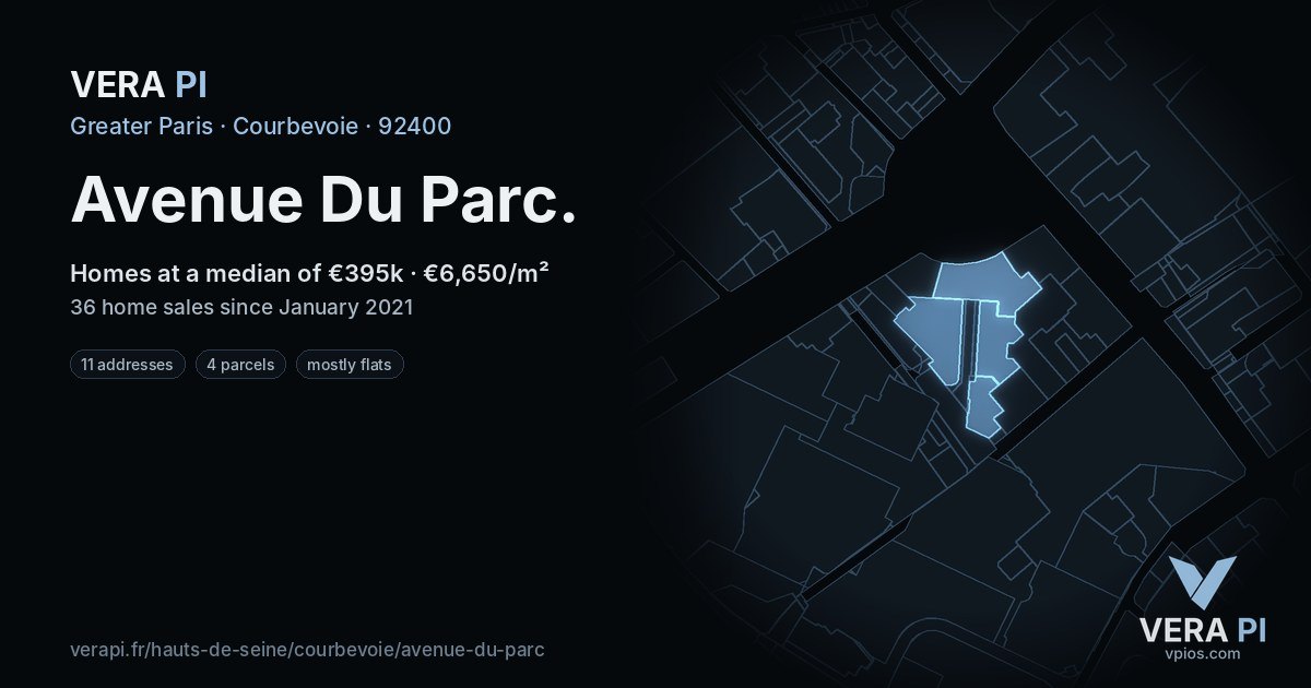 Avenue Du Parc, Courbevoie at night – every parcel coloured by the prices around it, the street's own parcels lit
