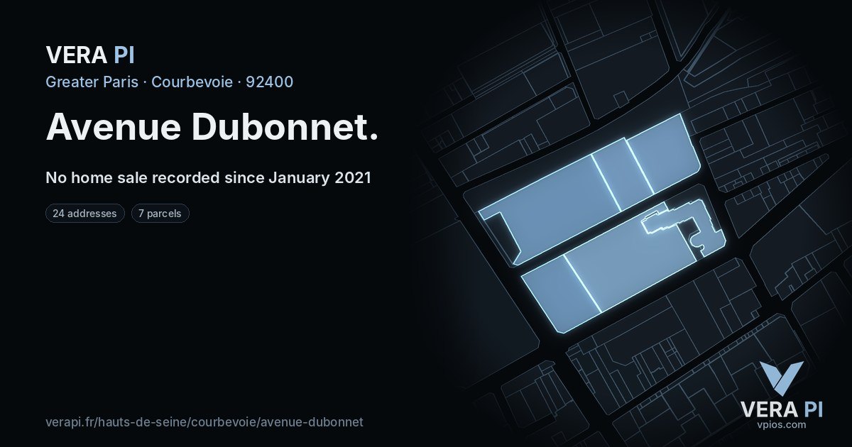 Avenue Dubonnet, Courbevoie at night – every parcel coloured by the prices around it, the street's own parcels lit