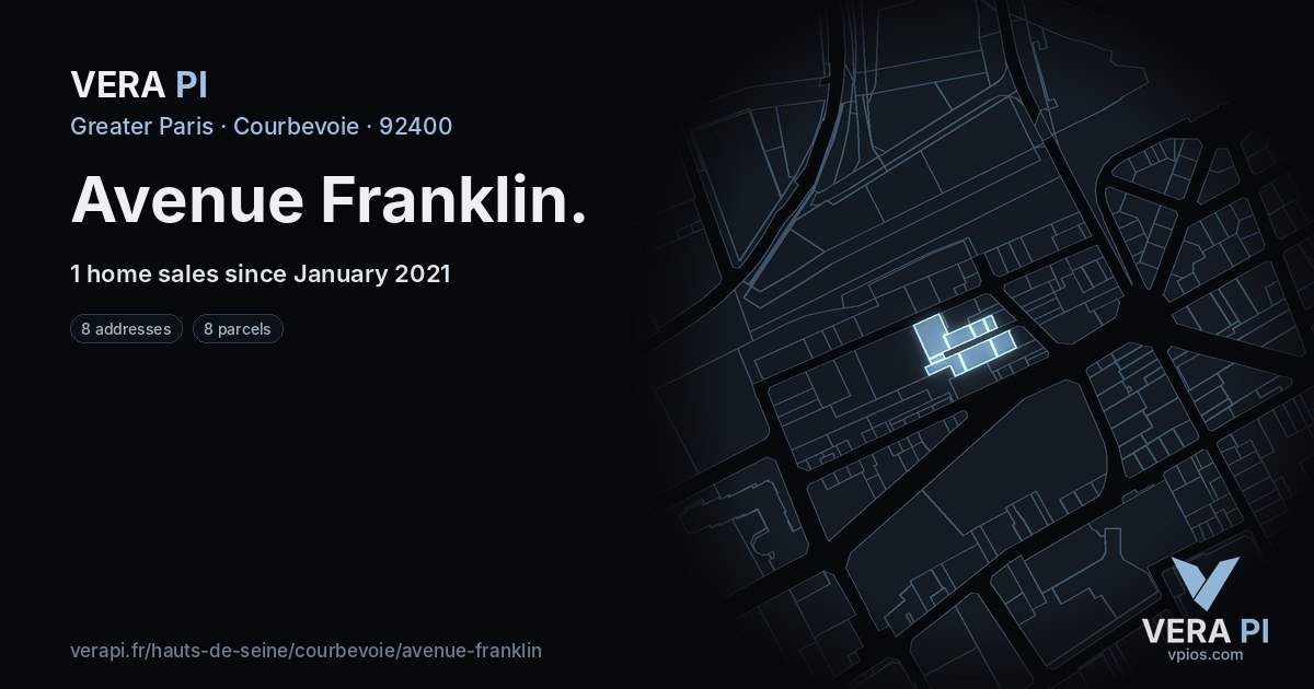 Avenue Franklin, Courbevoie at night – every parcel coloured by the prices around it, the street's own parcels lit
