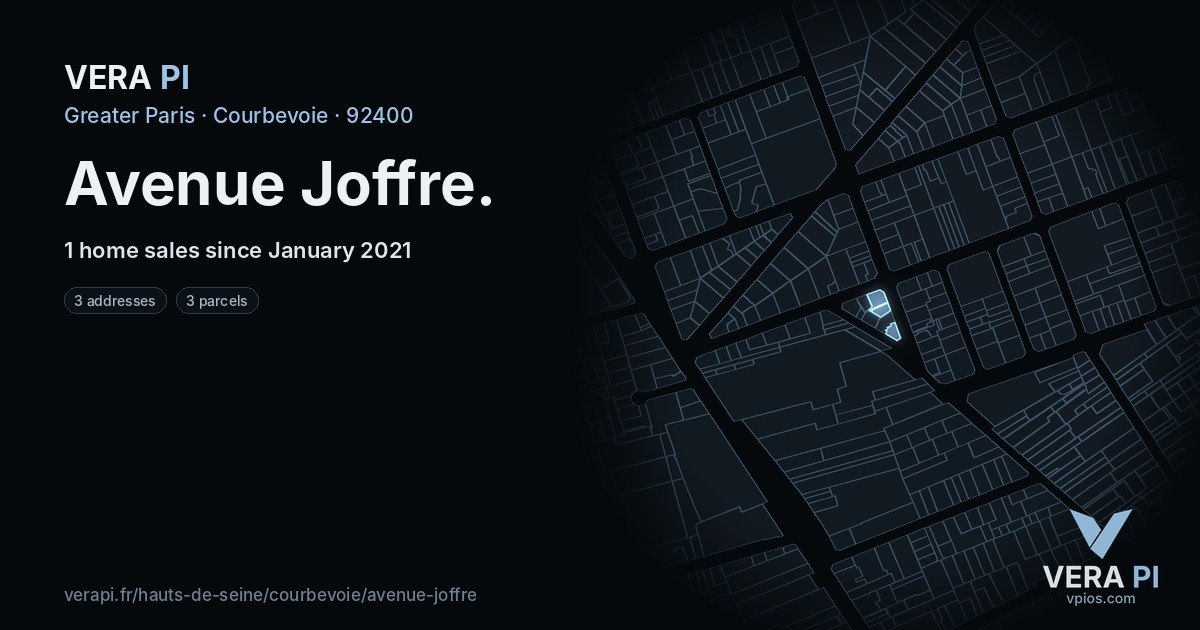 Avenue Joffre, Courbevoie at night – every parcel coloured by the prices around it, the street's own parcels lit