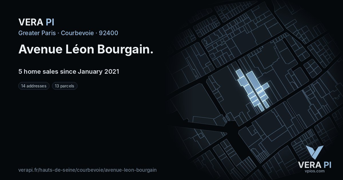 Avenue Léon Bourgain, Courbevoie at night – every parcel coloured by the prices around it, the street's own parcels lit