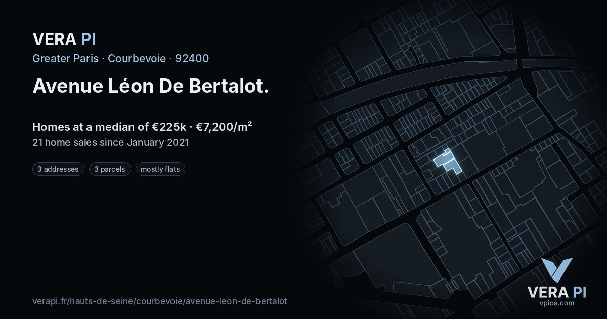 Avenue Léon De Bertalot, Courbevoie at night – every parcel coloured by the prices around it, the street's own parcels lit