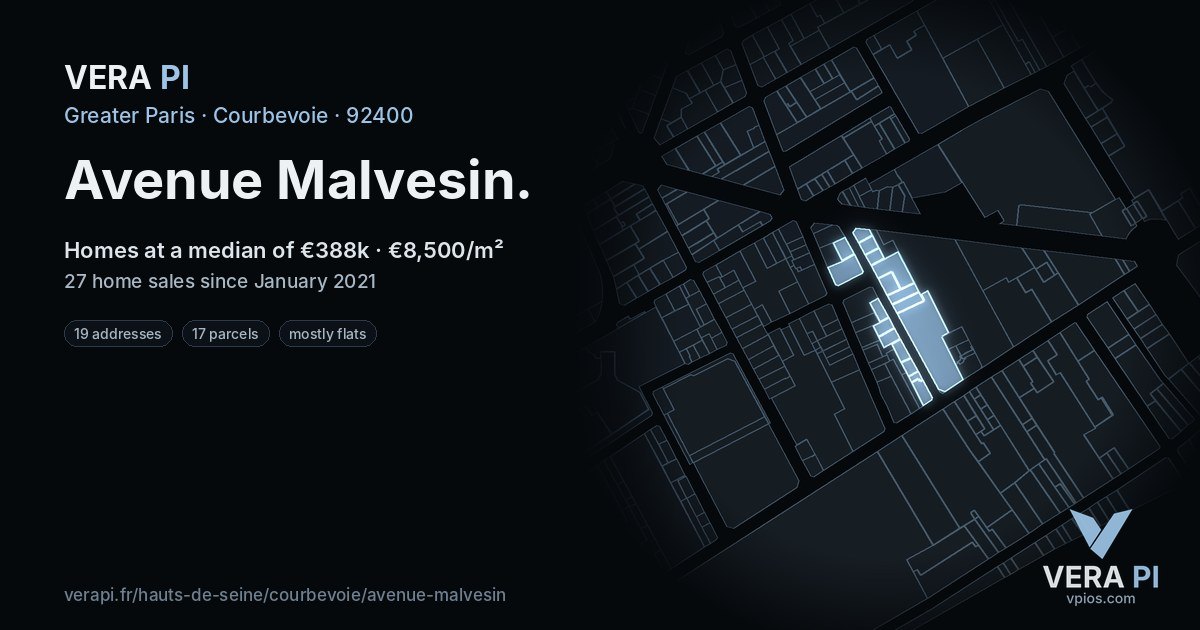 Avenue Malvesin, Courbevoie at night – every parcel coloured by the prices around it, the street's own parcels lit