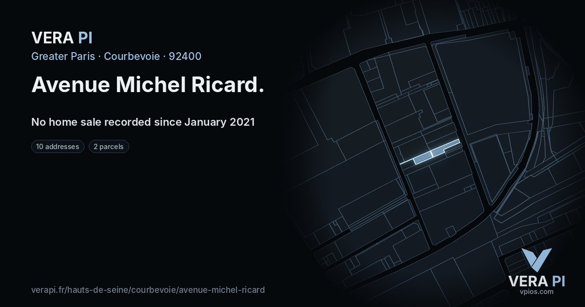 Avenue Michel Ricard, Courbevoie at night – every parcel coloured by the prices around it, the street's own parcels lit