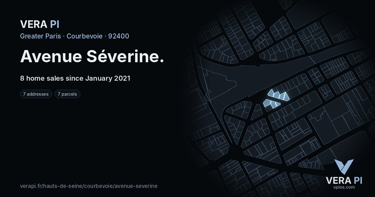 Avenue Séverine, Courbevoie at night – every parcel coloured by the prices around it, the street's own parcels lit