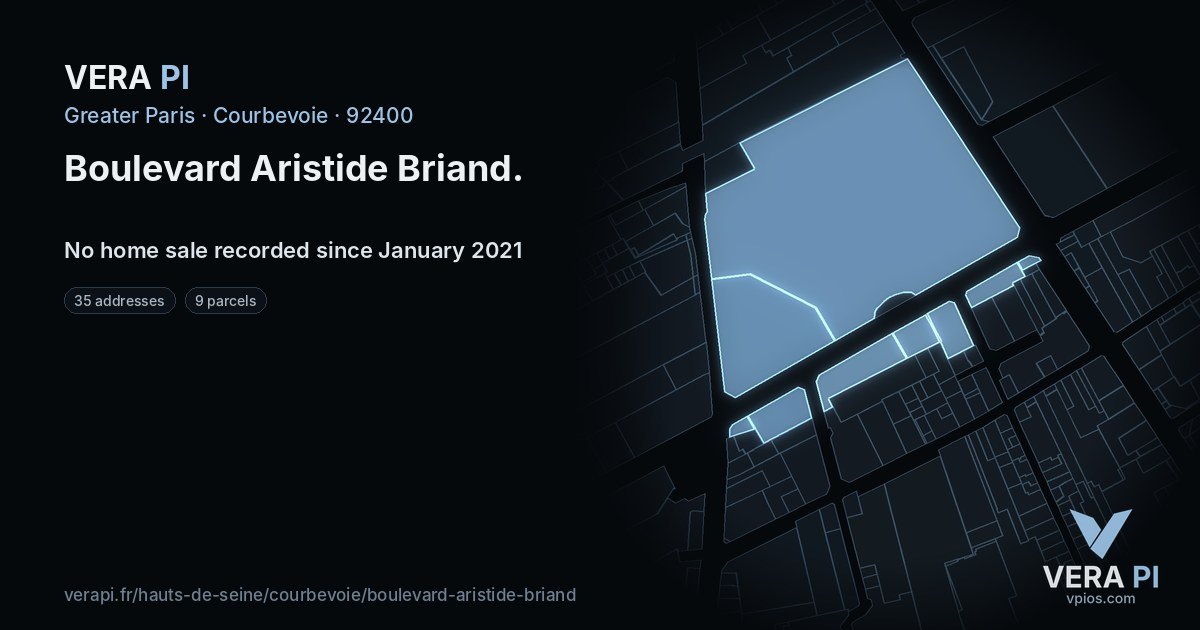 Boulevard Aristide Briand, Courbevoie at night – every parcel coloured by the prices around it, the street's own parcels lit