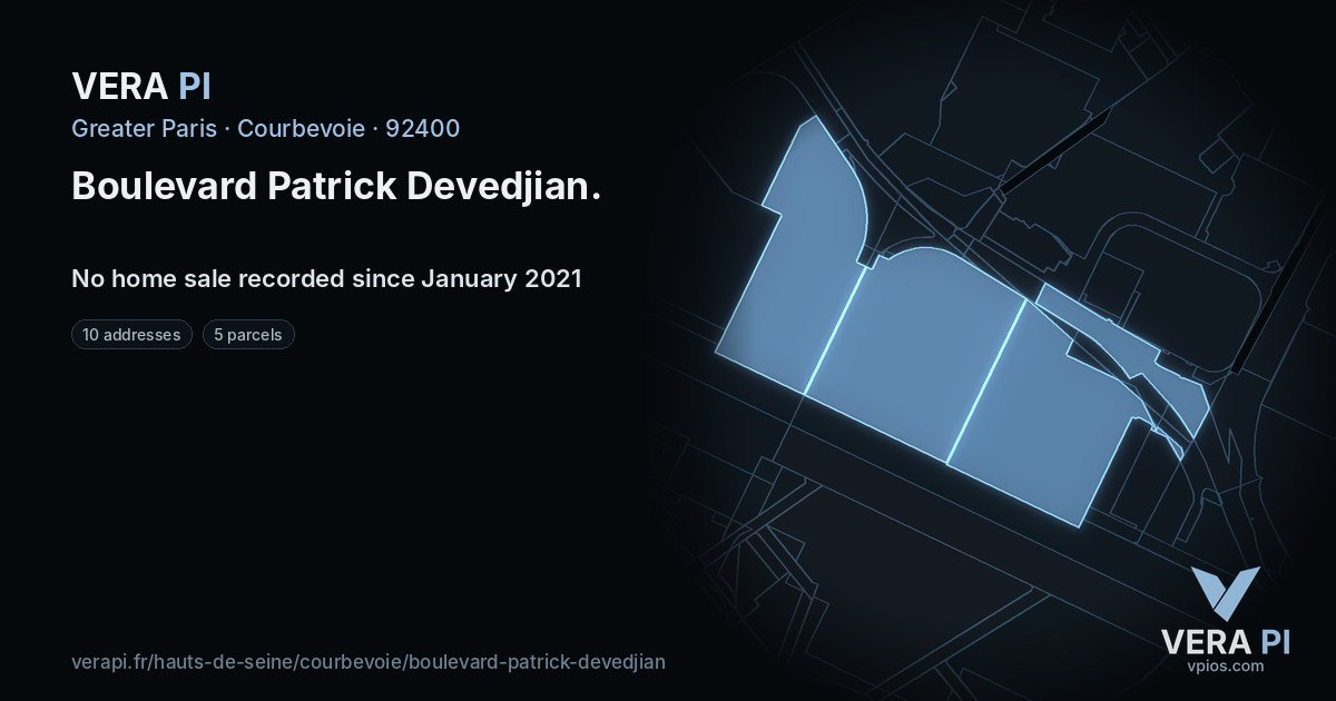 Boulevard Patrick Devedjian, Courbevoie at night – every parcel coloured by the prices around it, the street's own parcels lit