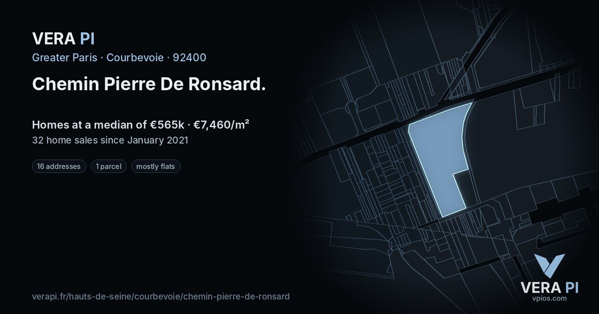 Chemin Pierre De Ronsard, Courbevoie at night – every parcel coloured by the prices around it, the street's own parcels lit