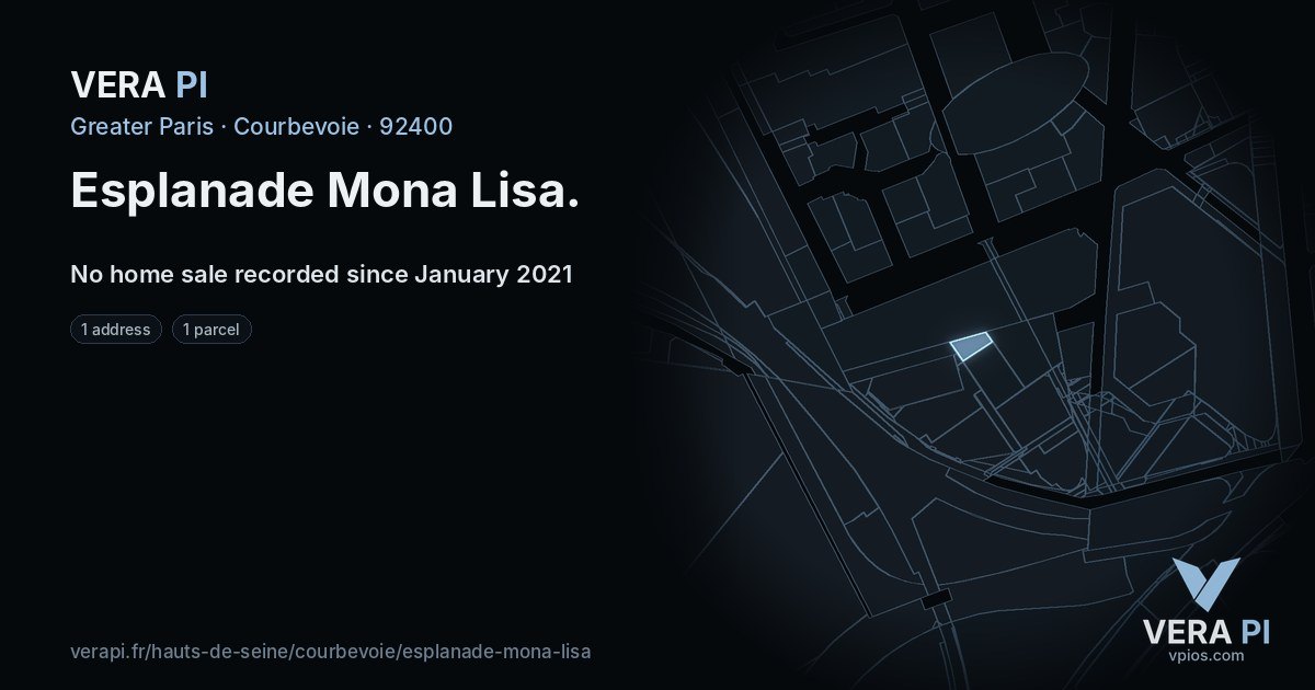 Esplanade Mona Lisa, Courbevoie at night – every parcel coloured by the prices around it, the street's own parcels lit