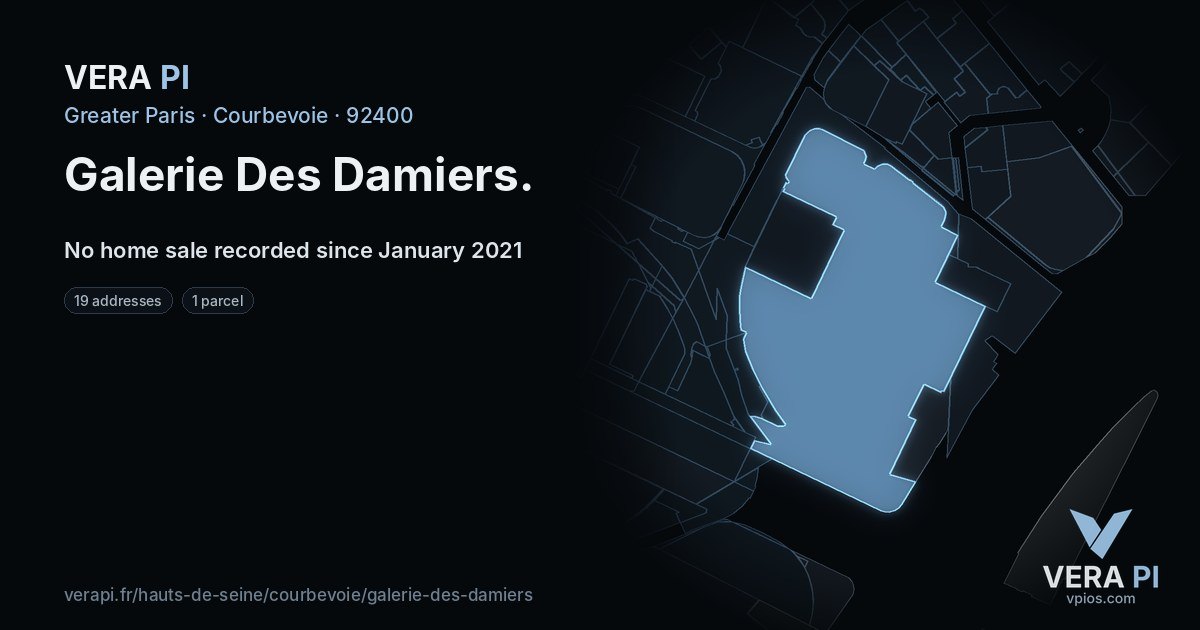 Galerie Des Damiers, Courbevoie at night – every parcel coloured by the prices around it, the street's own parcels lit