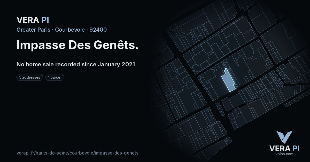 Impasse Des Genêts, Courbevoie at night – every parcel coloured by the prices around it, the street's own parcels lit