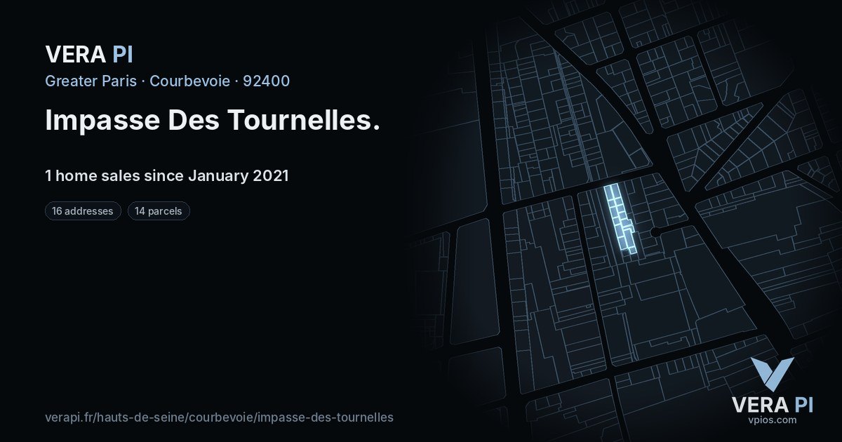 Impasse Des Tournelles, Courbevoie at night – every parcel coloured by the prices around it, the street's own parcels lit