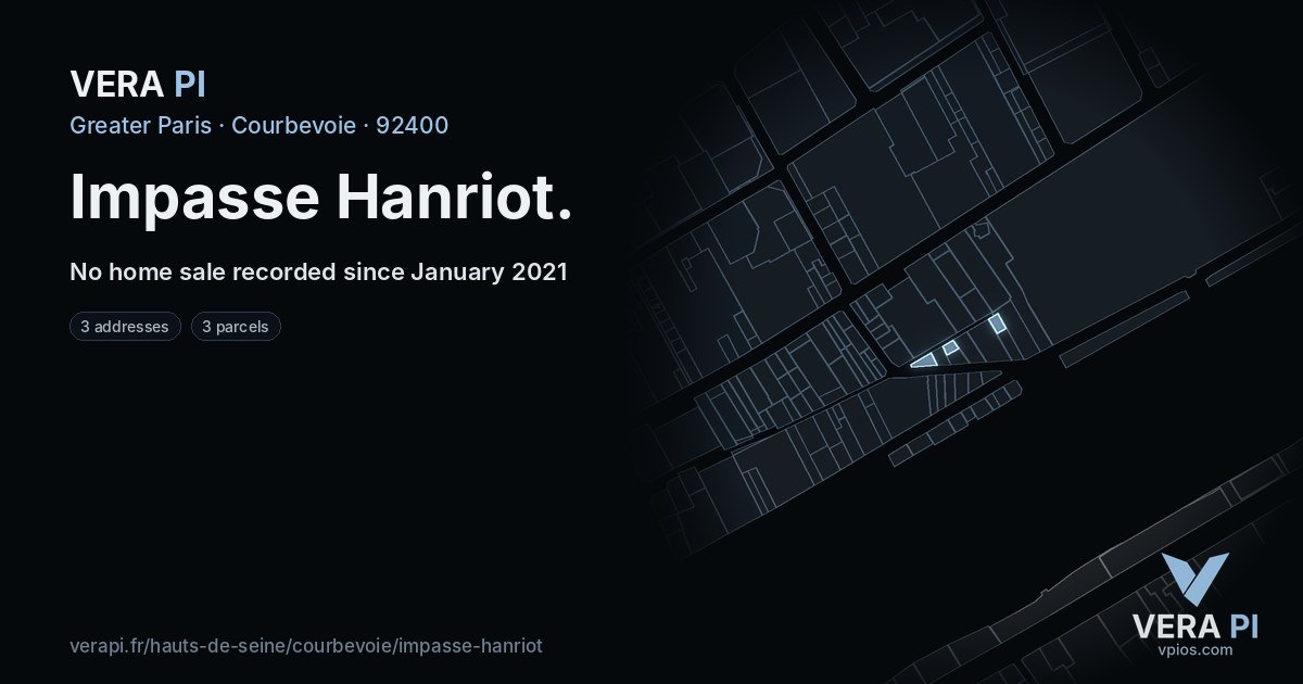 Impasse Hanriot, Courbevoie at night – every parcel coloured by the prices around it, the street's own parcels lit