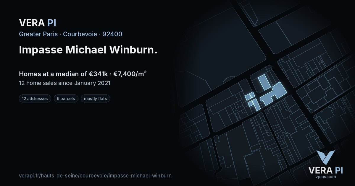 Impasse Michael Winburn, Courbevoie at night – every parcel coloured by the prices around it, the street's own parcels lit