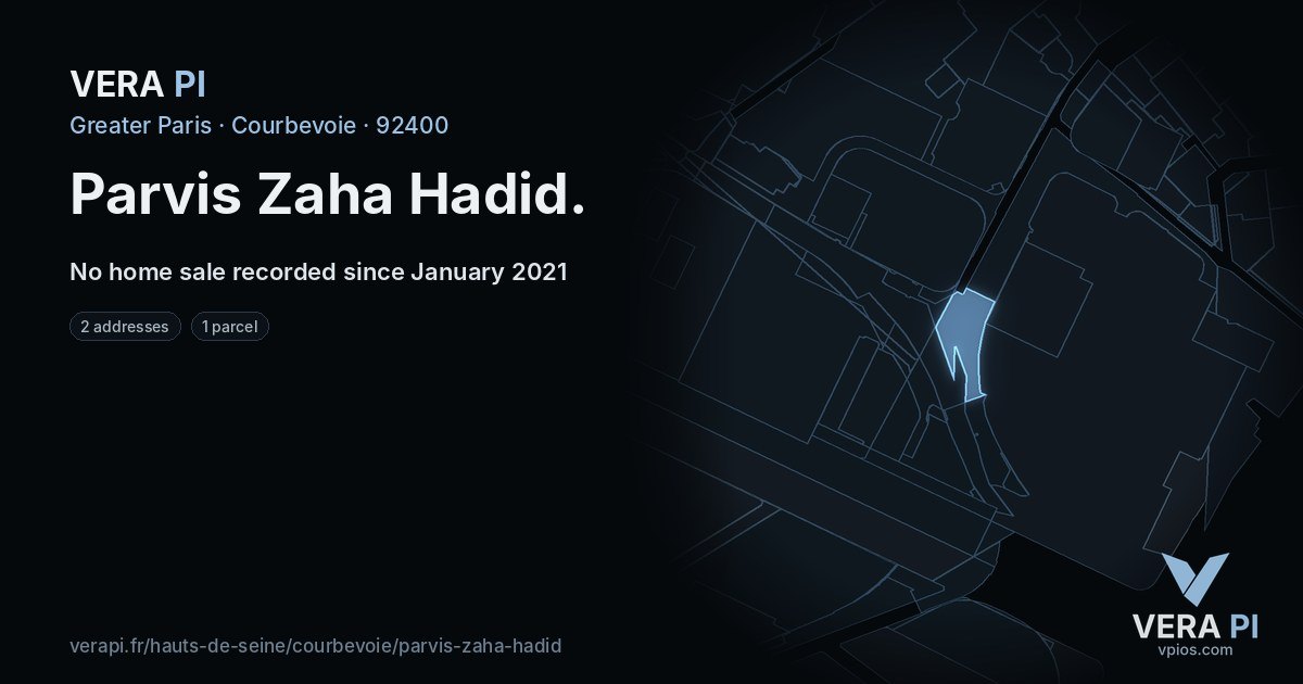 Parvis Zaha Hadid, Courbevoie at night – every parcel coloured by the prices around it, the street's own parcels lit