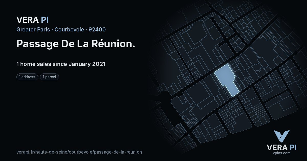 Passage De La Réunion, Courbevoie at night – every parcel coloured by the prices around it, the street's own parcels lit