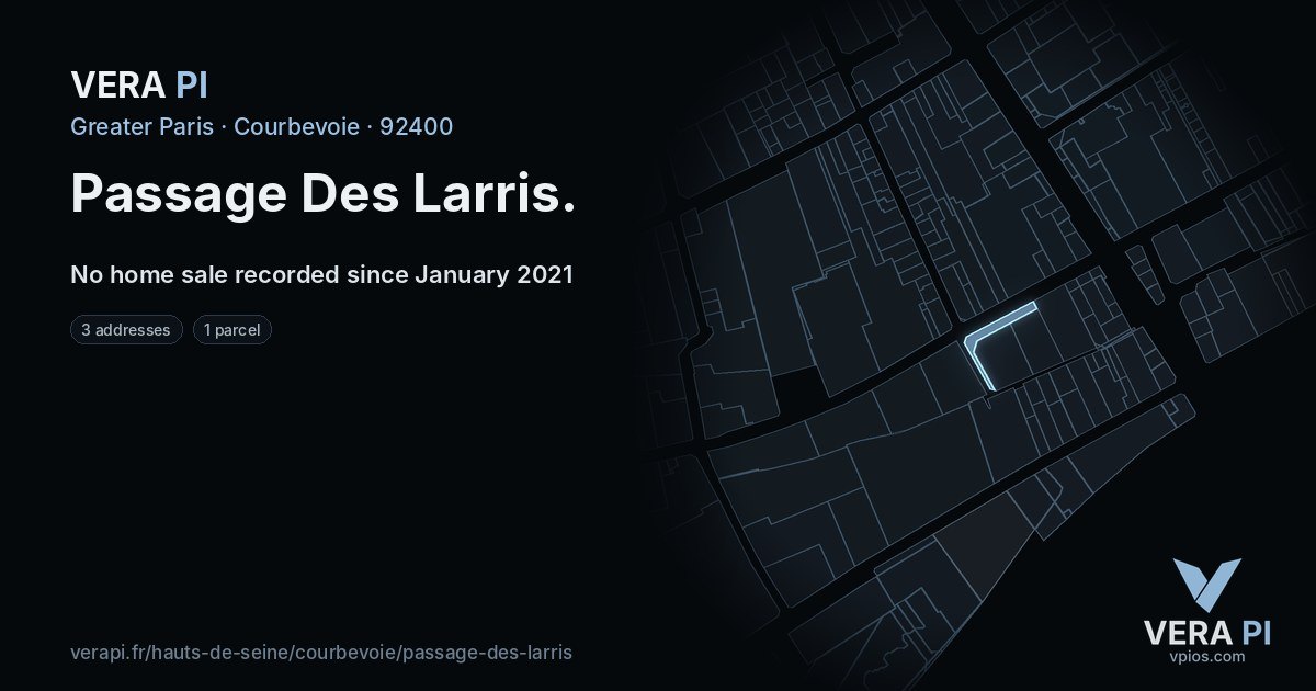 Passage Des Larris, Courbevoie at night – every parcel coloured by the prices around it, the street's own parcels lit