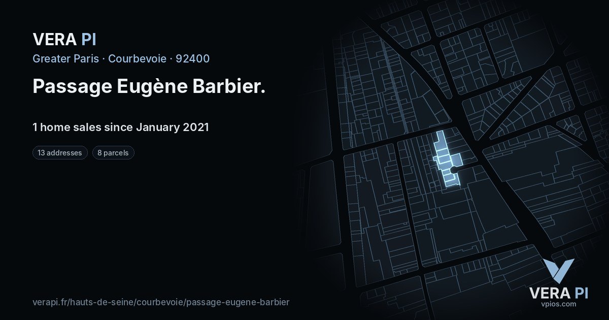 Passage Eugène Barbier, Courbevoie at night – every parcel coloured by the prices around it, the street's own parcels lit