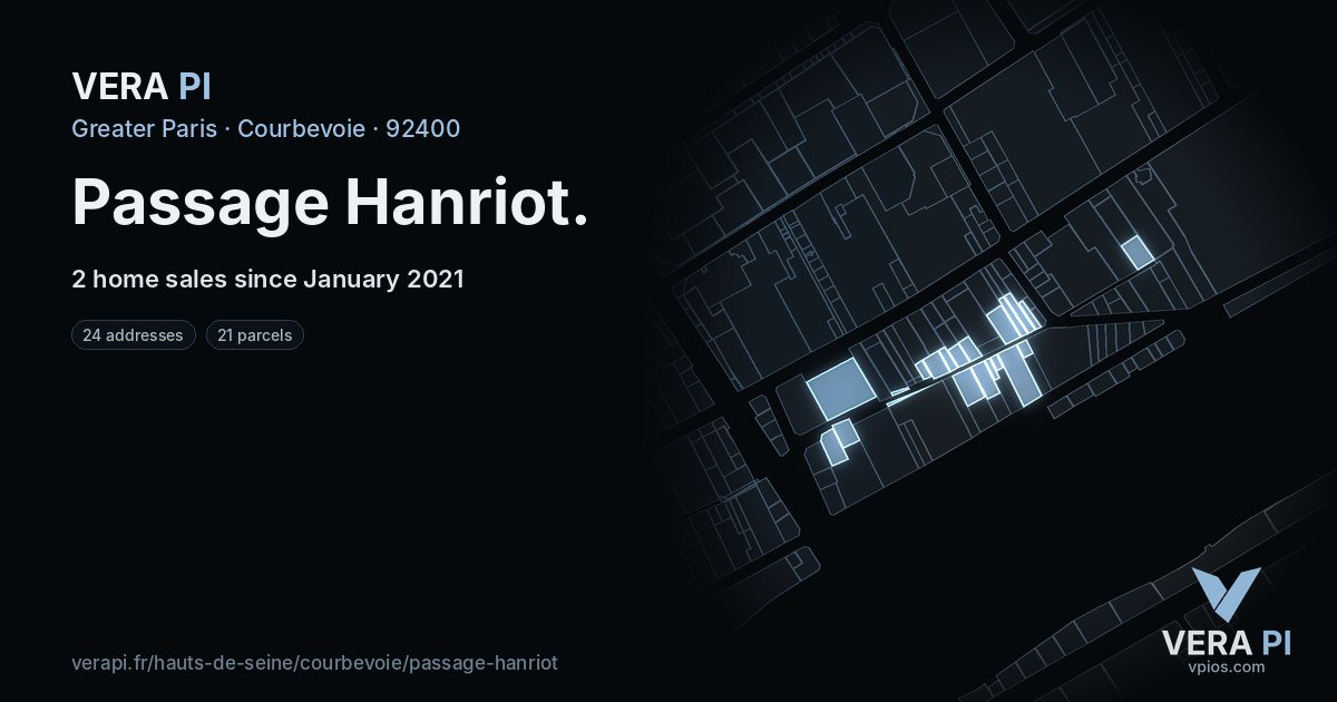 Passage Hanriot, Courbevoie at night – every parcel coloured by the prices around it, the street's own parcels lit