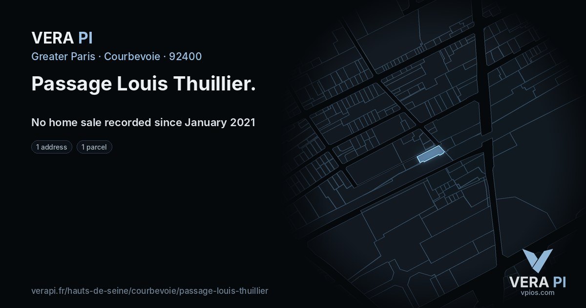 Passage Louis Thuillier, Courbevoie at night – every parcel coloured by the prices around it, the street's own parcels lit