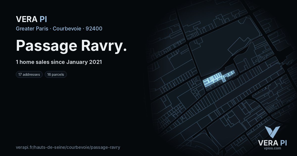 Passage Ravry, Courbevoie at night – every parcel coloured by the prices around it, the street's own parcels lit