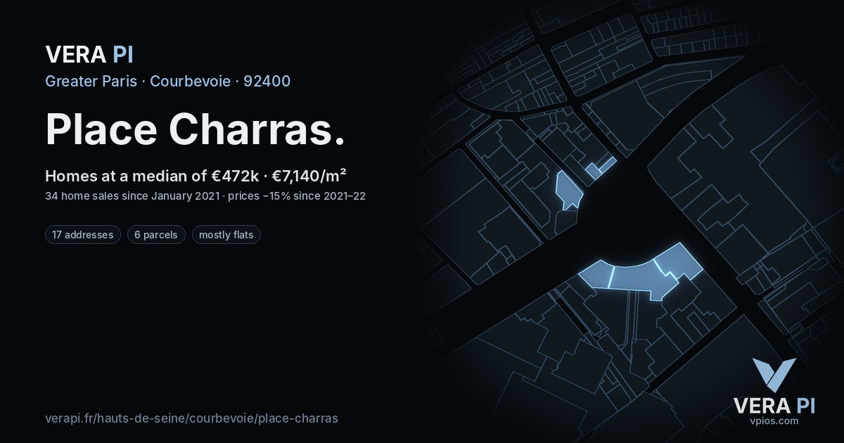 Place Charras, Courbevoie at night – every parcel coloured by the prices around it, the street's own parcels lit