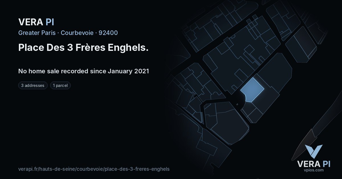 Place Des 3 Frères Enghels, Courbevoie at night – every parcel coloured by the prices around it, the street's own parcels lit