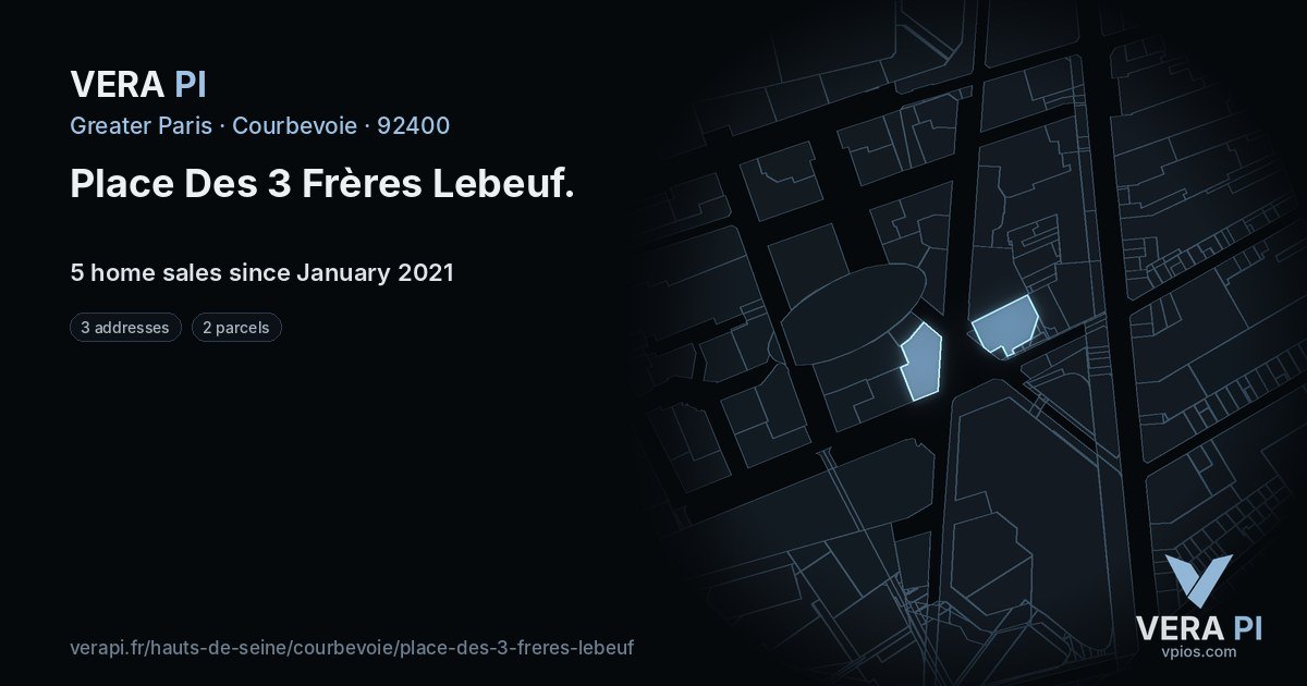 Place Des 3 Frères Lebeuf, Courbevoie at night – every parcel coloured by the prices around it, the street's own parcels lit