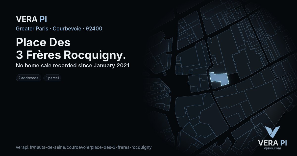 Place Des 3 Frères Rocquigny, Courbevoie at night – every parcel coloured by the prices around it, the street's own parcels lit