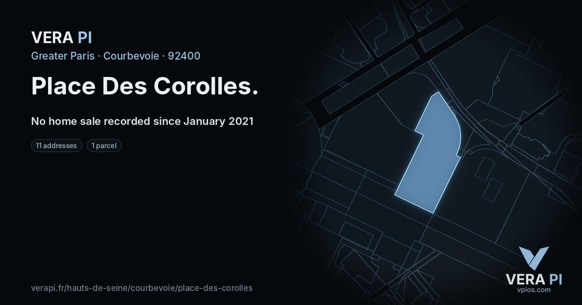 Place Des Corolles, Courbevoie at night – every parcel coloured by the prices around it, the street's own parcels lit