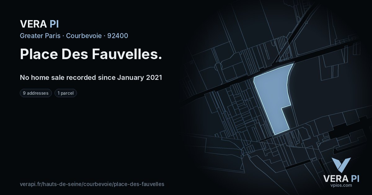 Place Des Fauvelles, Courbevoie at night – every parcel coloured by the prices around it, the street's own parcels lit