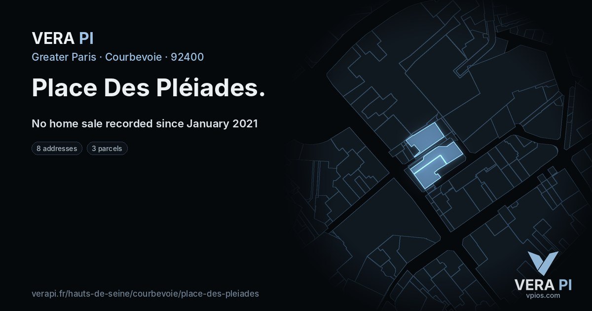 Place Des Pléiades, Courbevoie at night – every parcel coloured by the prices around it, the street's own parcels lit