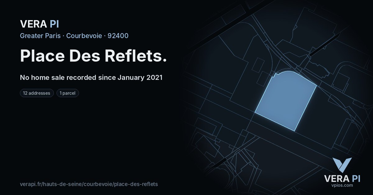 Place Des Reflets, Courbevoie at night – every parcel coloured by the prices around it, the street's own parcels lit