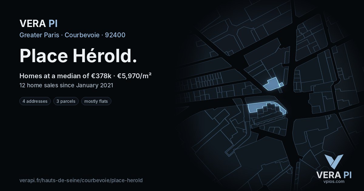 Place Hérold, Courbevoie at night – every parcel coloured by the prices around it, the street's own parcels lit