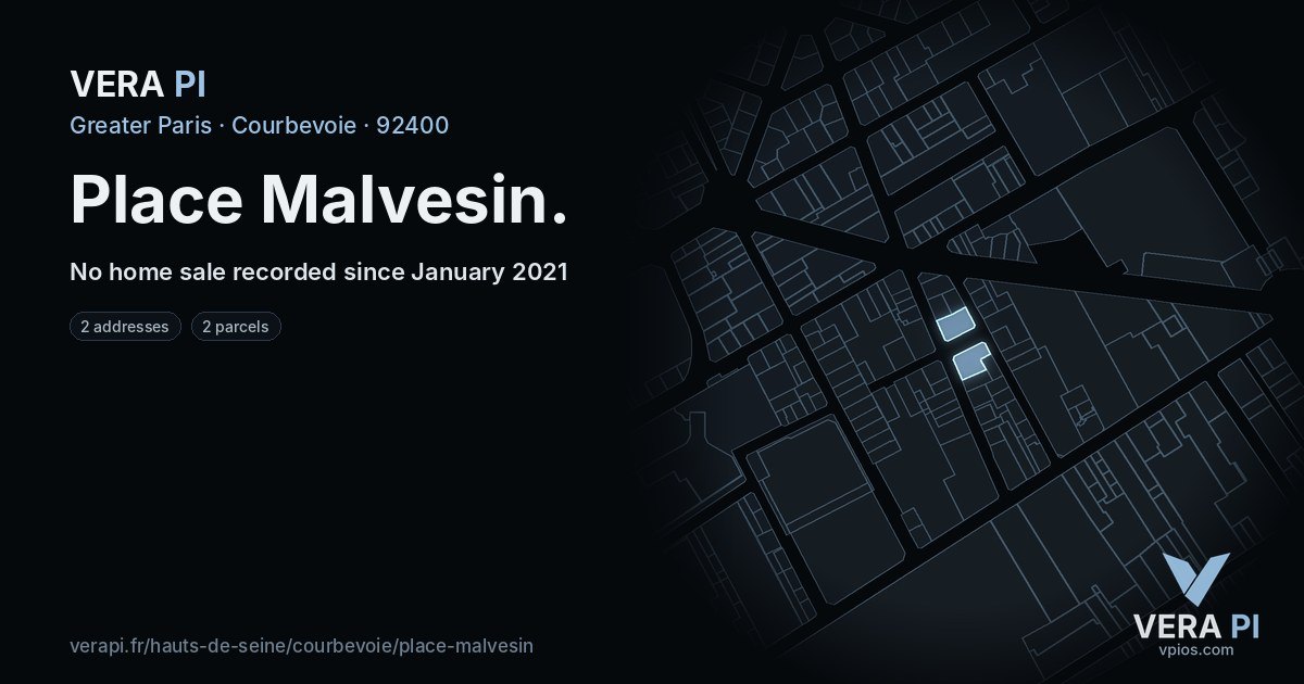 Place Malvesin, Courbevoie at night – every parcel coloured by the prices around it, the street's own parcels lit