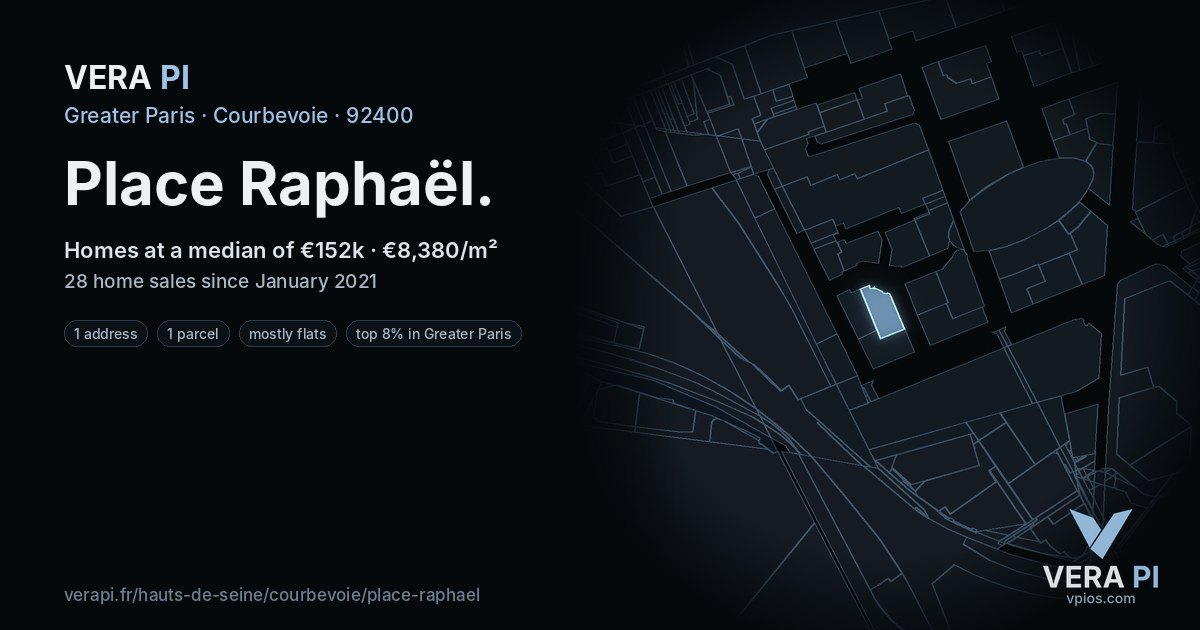 Place Raphaël, Courbevoie at night – every parcel coloured by the prices around it, the street's own parcels lit