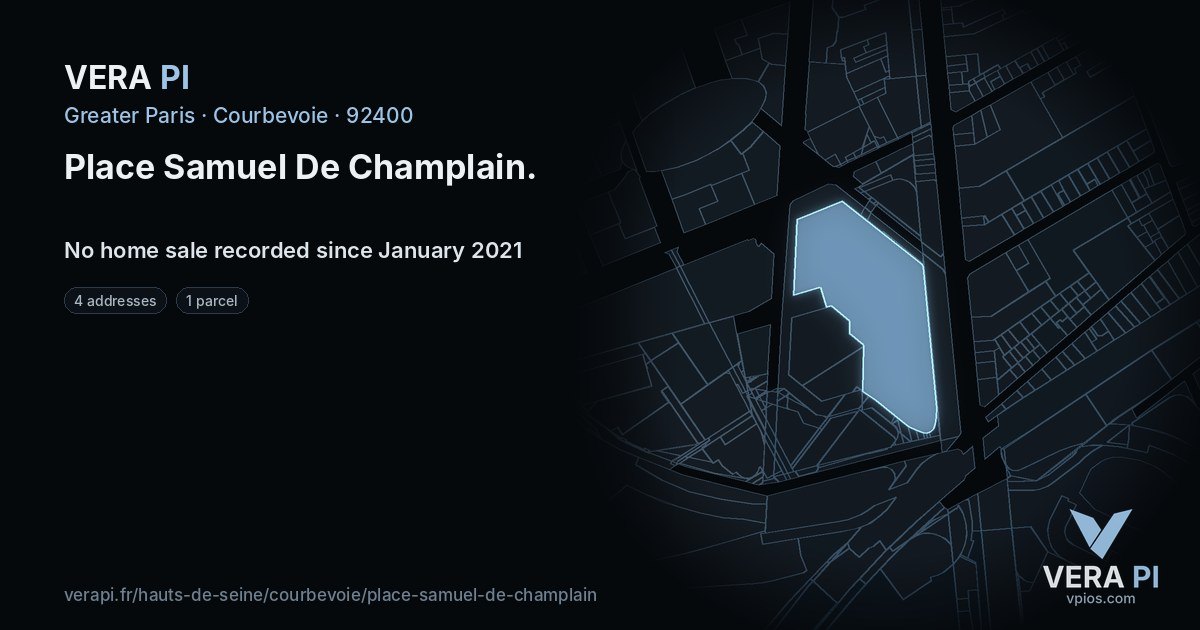 Place Samuel De Champlain, Courbevoie at night – every parcel coloured by the prices around it, the street's own parcels lit