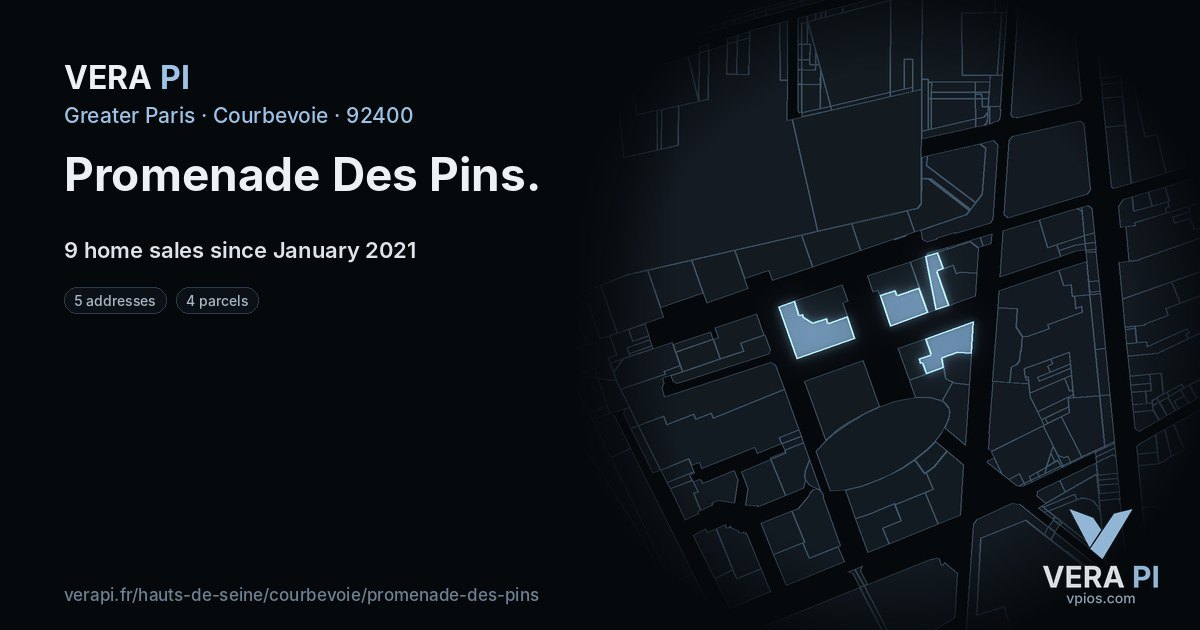 Promenade Des Pins, Courbevoie at night – every parcel coloured by the prices around it, the street's own parcels lit