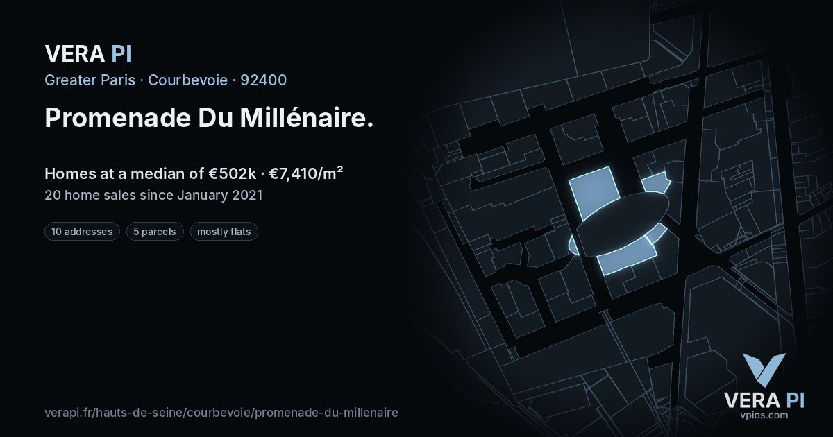 Promenade Du Millénaire, Courbevoie at night – every parcel coloured by the prices around it, the street's own parcels lit