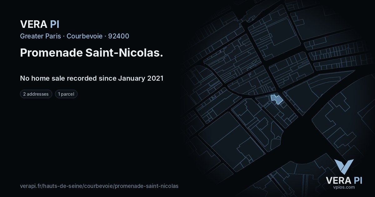 Promenade Saint-Nicolas, Courbevoie at night – every parcel coloured by the prices around it, the street's own parcels lit