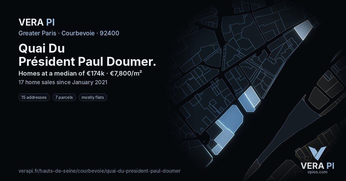 Quai Du Président Paul Doumer, Courbevoie at night – every parcel coloured by the prices around it, the street's own parcels lit
