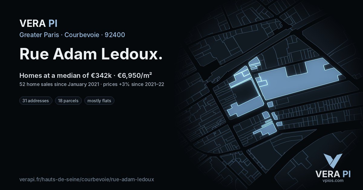 Rue Adam Ledoux, Courbevoie at night – every parcel coloured by the prices around it, the street's own parcels lit