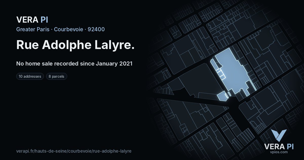 Rue Adolphe Lalyre, Courbevoie at night – every parcel coloured by the prices around it, the street's own parcels lit