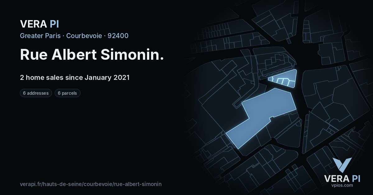 Rue Albert Simonin, Courbevoie at night – every parcel coloured by the prices around it, the street's own parcels lit