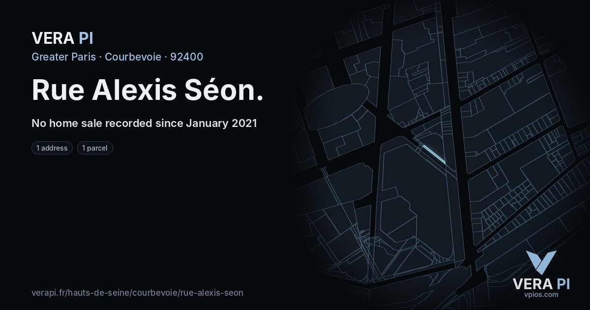 Rue Alexis Séon, Courbevoie at night – every parcel coloured by the prices around it, the street's own parcels lit