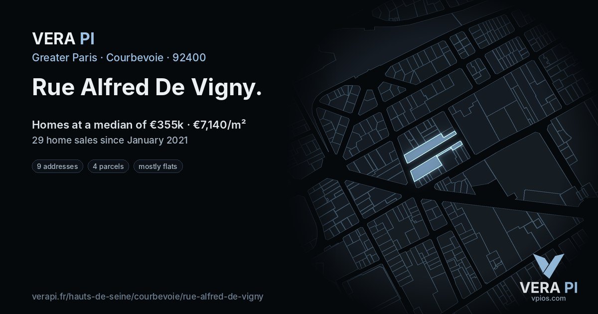 Rue Alfred De Vigny, Courbevoie at night – every parcel coloured by the prices around it, the street's own parcels lit