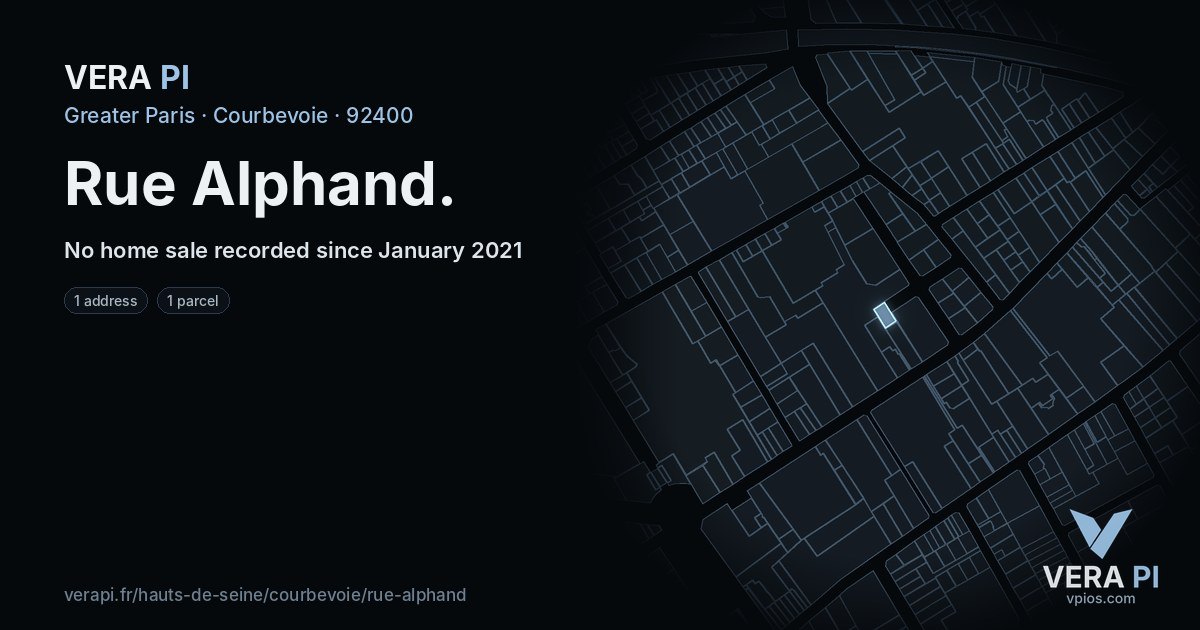 Rue Alphand, Courbevoie at night – every parcel coloured by the prices around it, the street's own parcels lit