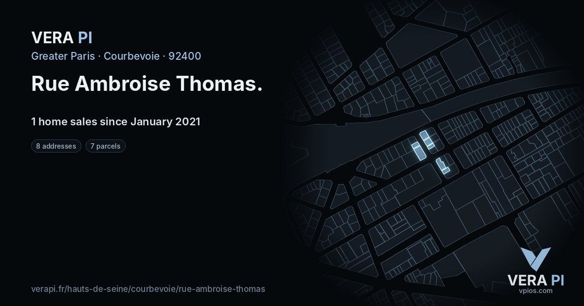 Rue Ambroise Thomas, Courbevoie at night – every parcel coloured by the prices around it, the street's own parcels lit