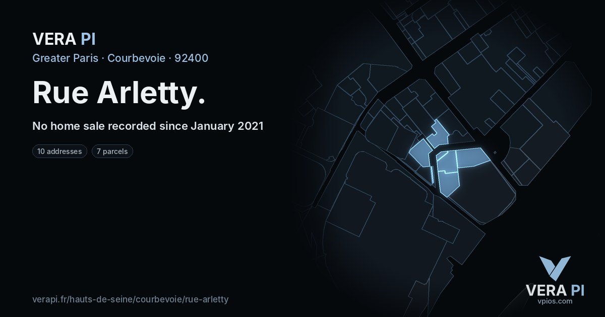 Rue Arletty, Courbevoie at night – every parcel coloured by the prices around it, the street's own parcels lit